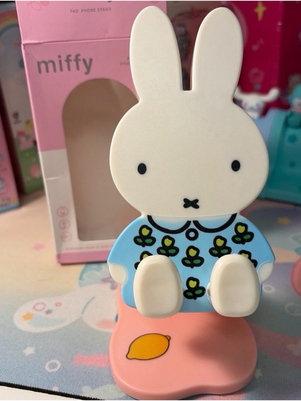 miffy White Bunny Phone/Pad Stand with Blue Floral Outfit and Pink Base